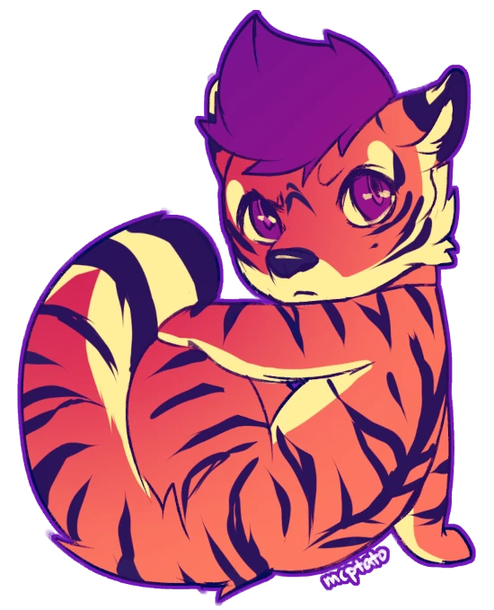 Hero image by MCPtato (@mcptato.bsky.social) depicting a chibi purple haired tiger character with their back towards the viewer scorning in their direction.